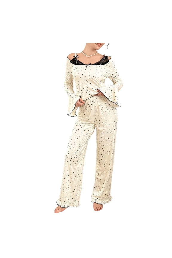 Pajamas for Women Set Lace Patchwork Polka Print Tops and Long Pants 2 Piece Lounge Outfits Soft Comfy Sleepwear Home Sets