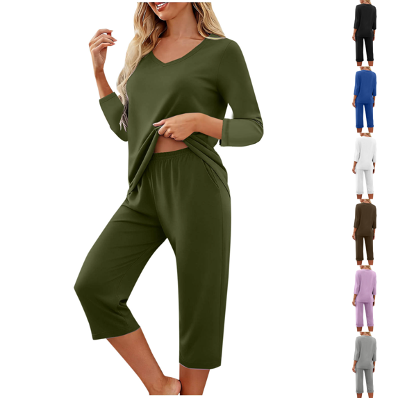 cocolona Pajamas for Women Set V Neck Tops and Capri Pants 2 Piece Loungewear Sets Soft Comfy Sleepwear