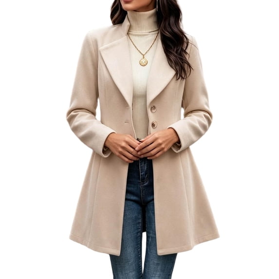 cocolona Pea Coats for Women Solid Color Elegant Notched Lapel Single Breasted Overcoat Slim Fit Pleated Hem Long Jacket