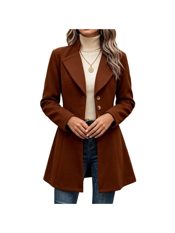 Pea Coats for Women Solid Color Elegant Notched Lapel Single Breasted Overcoat Slim Fit Pleated Hem Long Jacket