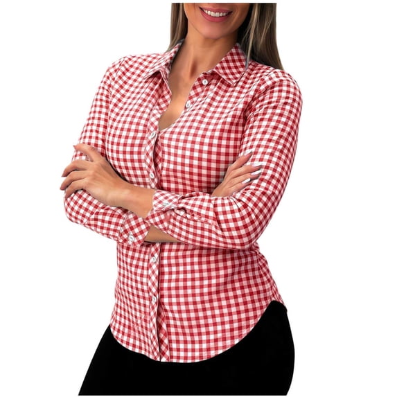 cocolona Plaid Blouses for Women Trendy Slim Long Sleeve Button Down Collared Shirts Casual Daily Fall Tops