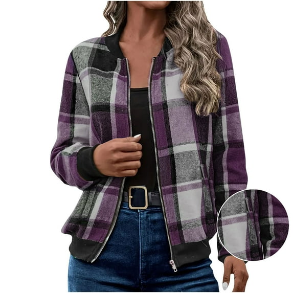 cocolona Plaid Jackets for Women Casual Loose Long Sleeve Zip Up Jacket Coat Fall Winter Trendy Outwear with Pockets