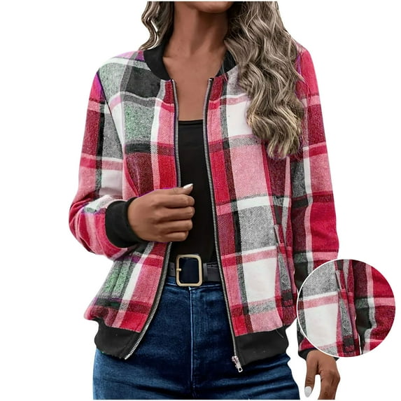 cocolona Plaid Jackets for Women Casual Loose Long Sleeve Zip Up Jacket Coat Fall Winter Trendy Outwear with Pockets