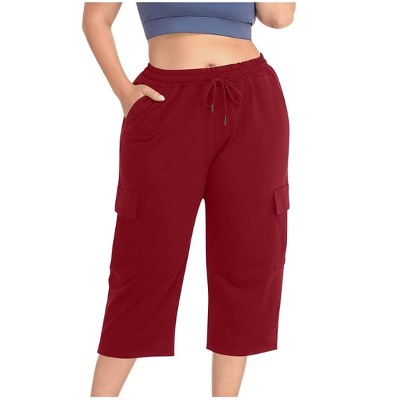 cocolona Plus Size Capri for Women Summer Solid Color Loose Elastic Waisted Wide-Leg Cargo Pants with Pocket