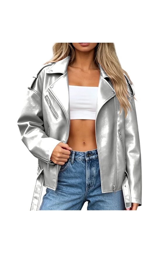 Plus Size Jackets for Women Fall Trendy Zipper Long Sleeve Leather Biker Jacket Vintage Classic Oversized Coat