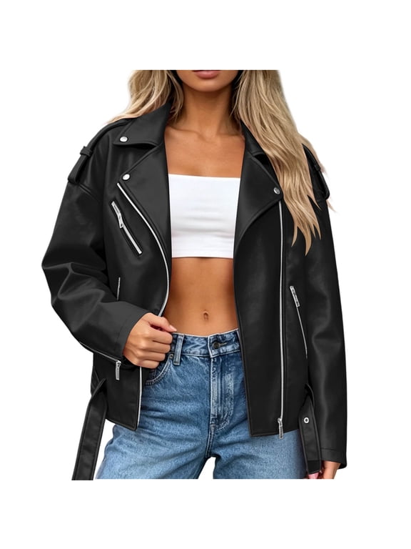 Plus Size Jackets for Women Fall Trendy Zipper Long Sleeve Leather Biker Jacket Vintage Classic Oversized Coat
