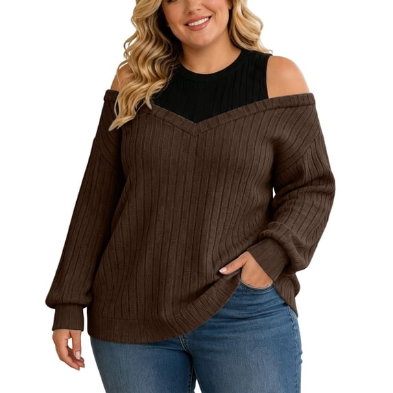cocolona Plus Size Sweaters for Women Trendy Off Shoulder Patchwork Long Sleeve Knit Fall Tops