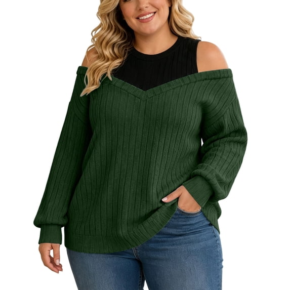 cocolona Plus Size Sweaters for Women Trendy Off Shoulder Patchwork Long Sleeve Knit Fall Tops