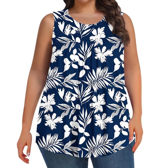 cocolona Plus Size Tank Tops for Women Summer Crew Neck Sleeveless Pleated Shirts Fashion Casual Cute Print Blouses