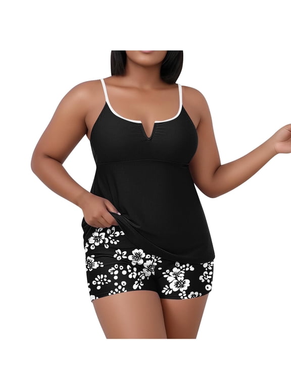 Plus Size Tankini Swimsuits for Women Fashion V Neck Loose Fit Two Piece Modest Bathing Suits with Shorts