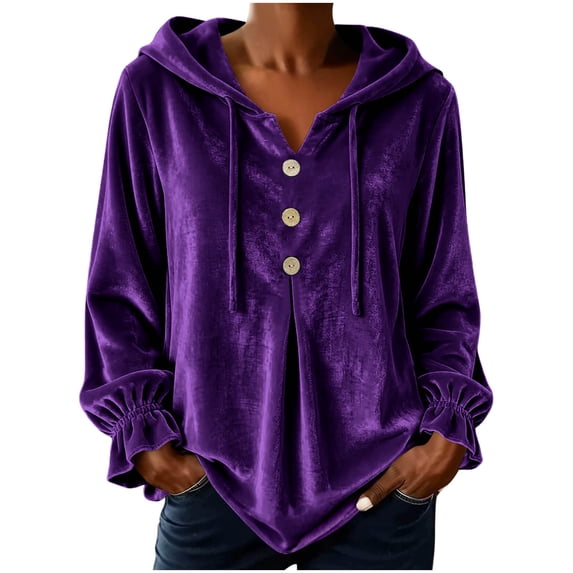 cocolona Plus Size Velvet Hooded Sweatshirts for Women Button Down V Neck Long Sleeve Hoodies Ruffle Cuff Pleated Fall Winter Tops