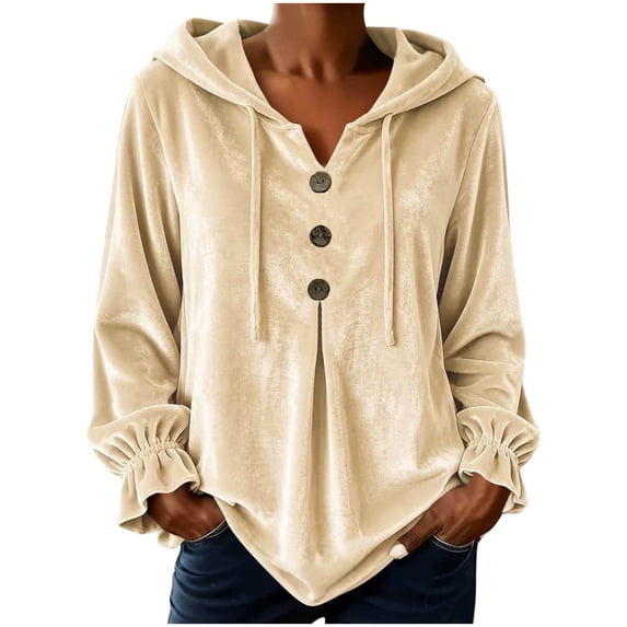 cocolona Plus Size Velvet Hooded Sweatshirts for Women Button Down V Neck Long Sleeve Hoodies Ruffle Cuff Pleated Fall Winter Tops