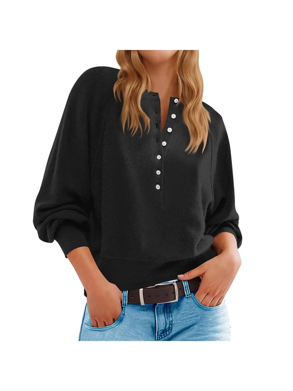 Puff Sleeve for Women Loose Crew Neck Button Down Pullover Shirts Casual Long Sleeve Solid Color Fall Trendy Tops