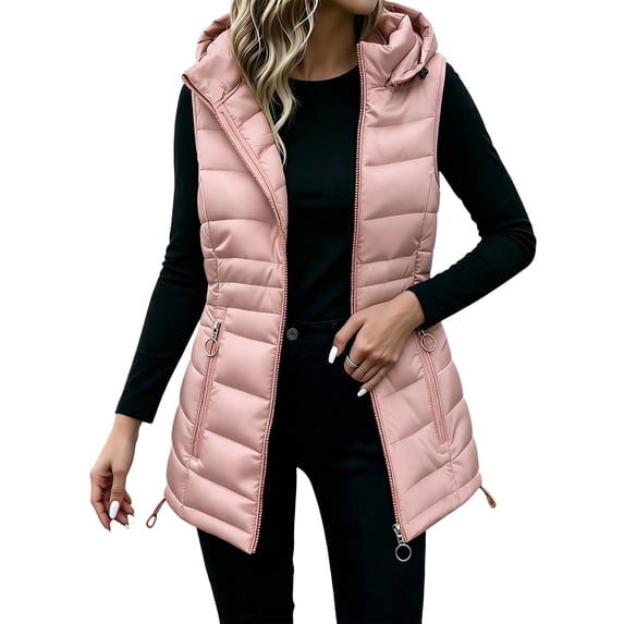 cocolona Puffer Long Vest for Women Quilted Warm Winter Sleeveless Coat Zipper Hooded Stand Collar Jacket with Pockets
