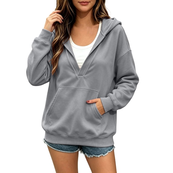 cocolona Pullover Hoodies for Women Deep V Neck Long Sleeve Trendy Sweatshirts Casual Solid Color Tops