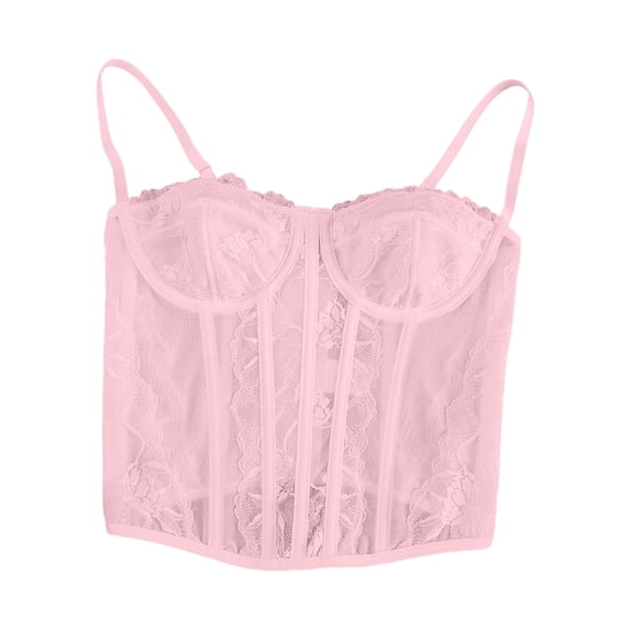 cocolona Push Up Cropped Overbust Corset Lace Floral Textured Sheer Bustier Solid Color Camisole Tops