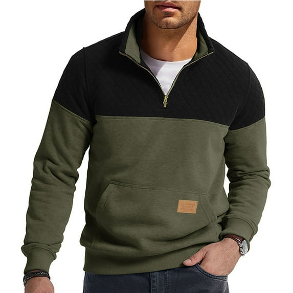 cocolona Quarter Zip Pullover Men Long Sleeve Half Zip Stand Collar Sweatshirts Fall Winter Fashion Color Block Tops with Pockets