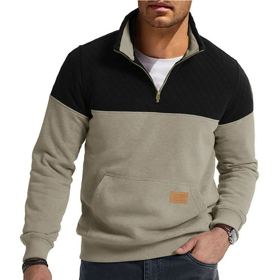 cocolona Quarter Zip Pullover Men Long Sleeve Half Zip Stand Collar Sweatshirts Fall Winter Fashion Color Block Tops with Pockets
