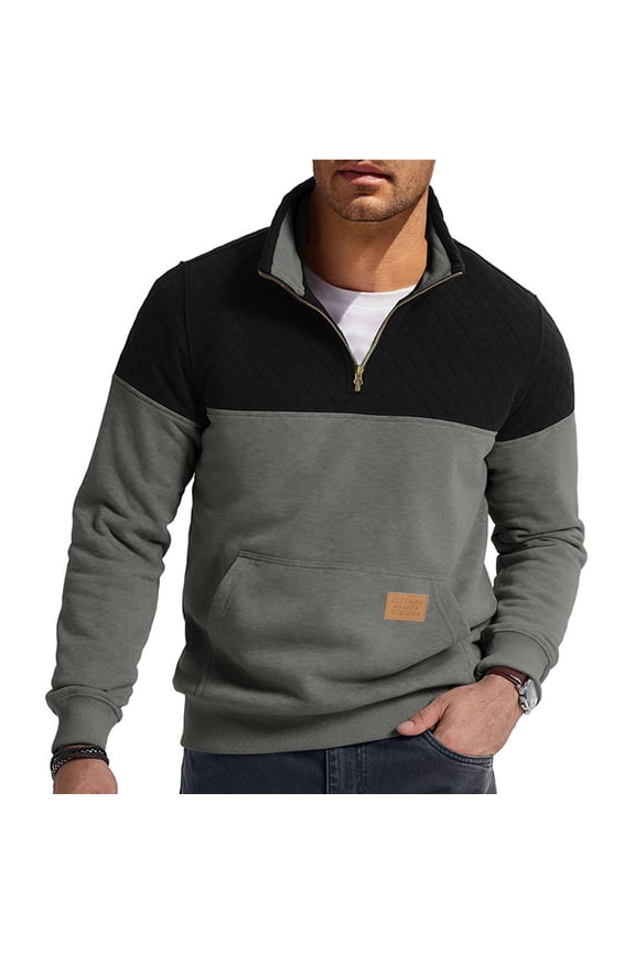 Quarter Zip Pullover Men Long Sleeve Half Zip Stand Collar Sweatshirts Fall Winter Fashion Color Block Tops with Pockets