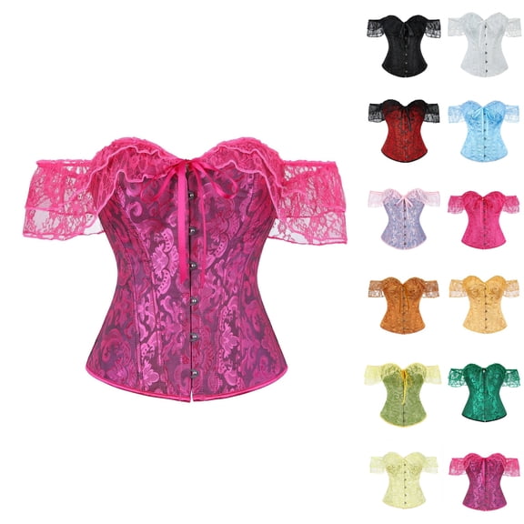 cocolona Princess Corset for Women Lace Patchwork Boned Gothic Corset Off the Shoulder Renaissance Corset Tops
