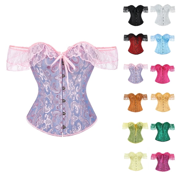 cocolona Princess Corset for Women Lace Patchwork Boned Gothic Corset Off the Shoulder Renaissance Corset Tops