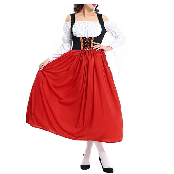 cocolona Womens Oktoberfest Outfit Flare Sleeve Off Shoulder Elegant Dirndl Dress Halloween Renaissance Pleated Dress