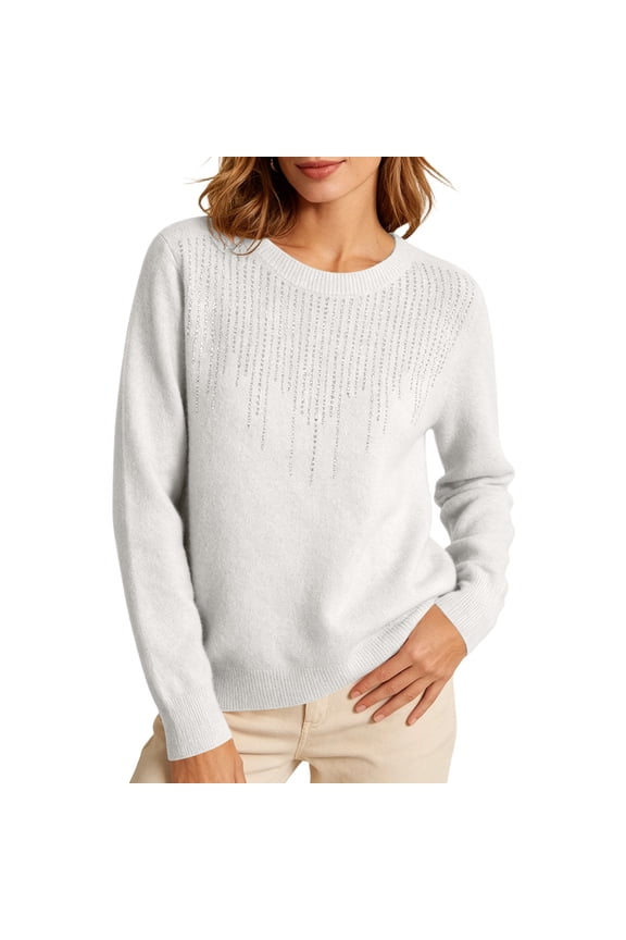 Rhinestones Sweaters for Women Long Sleeve Solid Color Loose Fit Base Layer Crew Neck Pullover Casual Tops