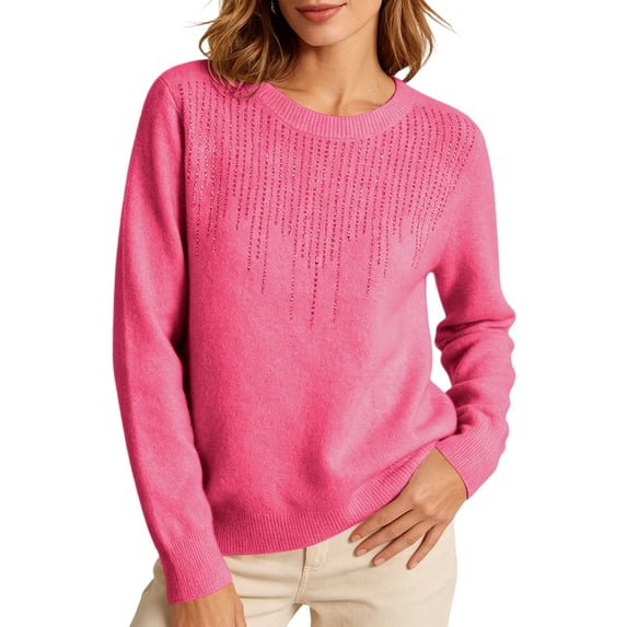 cocolona Rhinestones Sweaters for Women Long Sleeve Solid Color Loose Fit Base Layer Crew Neck Pullover Casual Tops