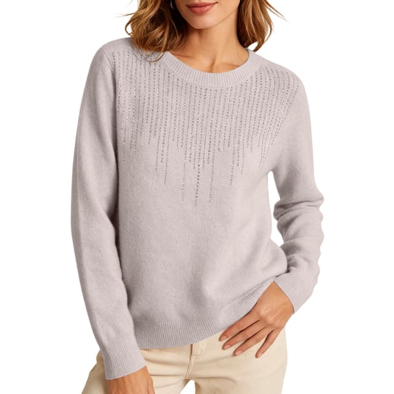 cocolona Rhinestones Sweaters for Women Long Sleeve Solid Color Loose Fit Base Layer Crew Neck Pullover Casual Tops