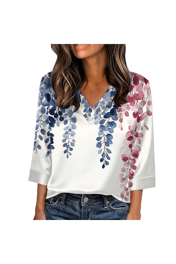 Satin Silk Tops for Women Summer V Neck 3/4 Sleeve Shirts Dressy Casual Loose Tunic Blouses