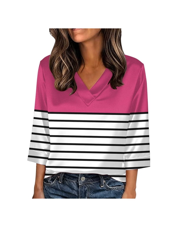 Satin Silk Tops for Women Summer V Neck 3/4 Sleeve Shirts Dressy Casual Loose Tunic Blouses