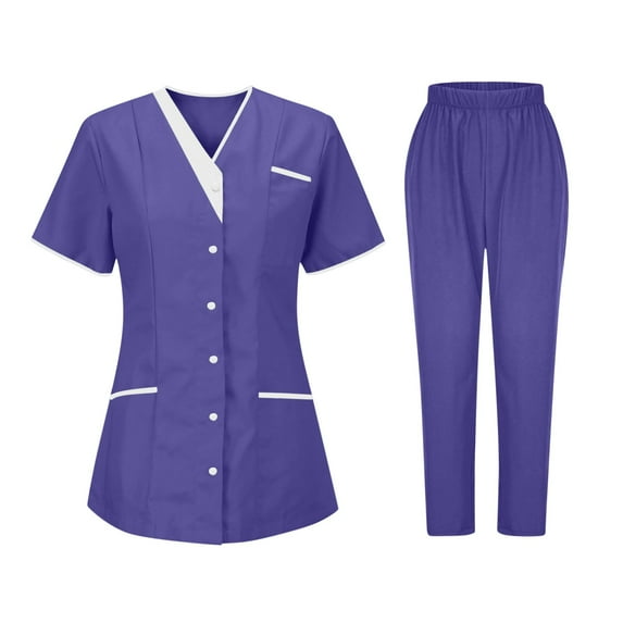 cocolona Scrubs for Women Set Button V Neck Scrubs Tops and Pants Set Workwear Uniform Purple L