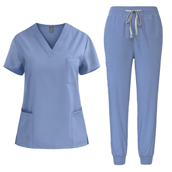 cocolona Scrubs for Women Set Short Sleeve V-Neck Scrubs Tops + Drawstring Jogger Solid Color Workwear Uniform Sets Light Blue M