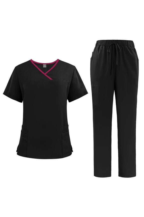 Scrubs for Women Set Short Sleeve V-Neck Scrubs Tops Drawstring Straight Pants Workwear Uniform Sets Work Clothes Black S