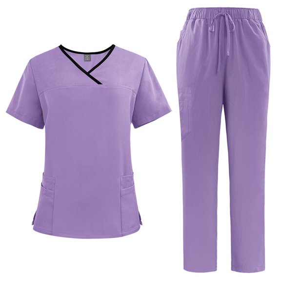 cocolona Scrubs for Women Set Short Sleeve V-Neck Scrubs Tops Drawstring Straight Pants Workwear Uniform Sets Work Clothes Purple XL