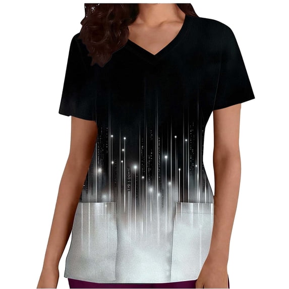cocolona Scrubs for Women, V Neck Short Sleeve Scrubs Tops Fashion Casual Color Block Workwear T-shirts Work Uniform with Pockets