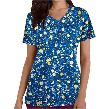 cocolona Scrubs for Women, V Neck Short Sleeve Scrubs Tops Fashion Casual Floral Print Workwear T-shirts Work Uniform with Pockets