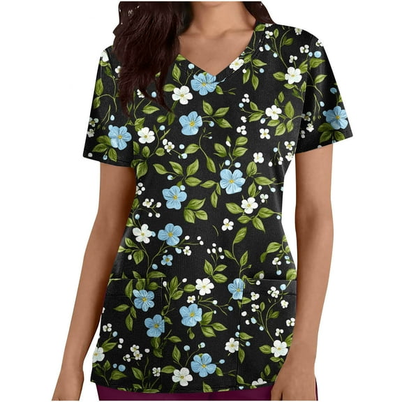 cocolona Scrubs for Women, V Neck Short Sleeve Scrubs Tops Fashion Casual Floral Print Workwear T-shirts Work Uniform with Pockets