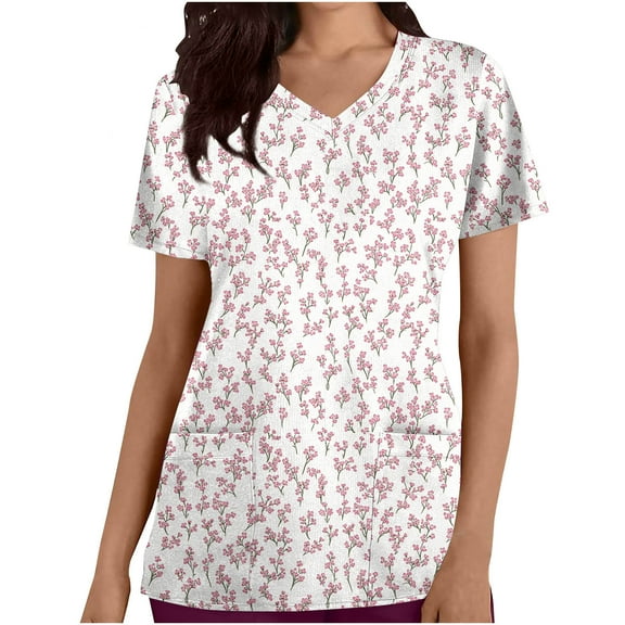 cocolona Scrubs for Women, V Neck Short Sleeve Scrubs Tops Fashion Casual Floral Print Workwear T-shirts Work Uniform with Pockets