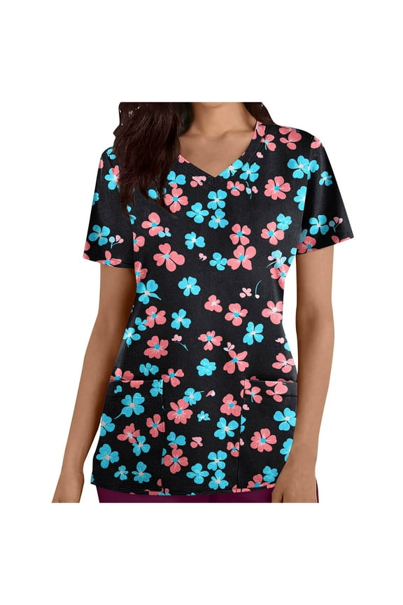 Scrubs for Women, V Neck Short Sleeve Scrubs Tops Fashion Casual Floral Print Workwear T-shirts Work Uniform with Pockets