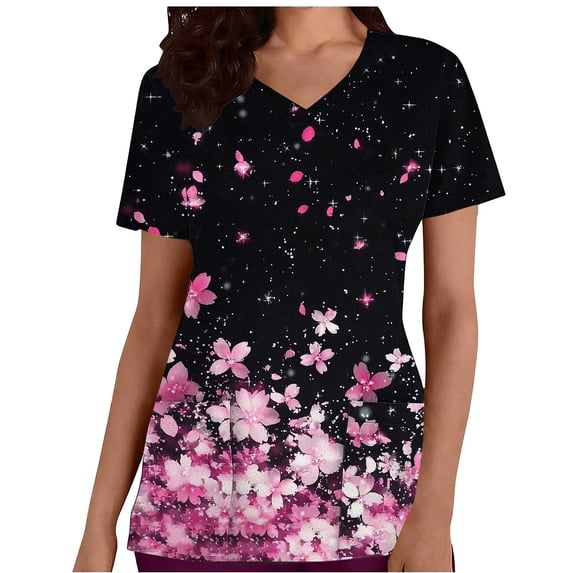 cocolona Scrubs for Women, V Neck Short Sleeve Scrubs Tops Fashion Casual Floral Print Workwear T-shirts Work Uniform with Pockets