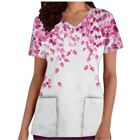 cocolona Scrubs for Women, V Neck Short Sleeve Scrubs Tops Fashion Casual Floral Print Workwear T-shirts Work Uniform with Pockets