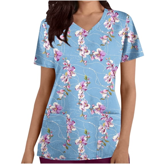 cocolona Scrubs for Women, V Neck Short Sleeve Scrubs Tops Fashion Casual Floral Print Workwear T-shirts Work Uniform with Pockets