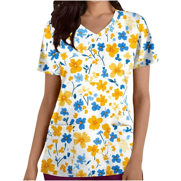 cocolona Scrubs for Women, V Neck Short Sleeve Scrubs Tops Fashion Casual Floral Print Workwear T-shirts Work Uniform with Pockets