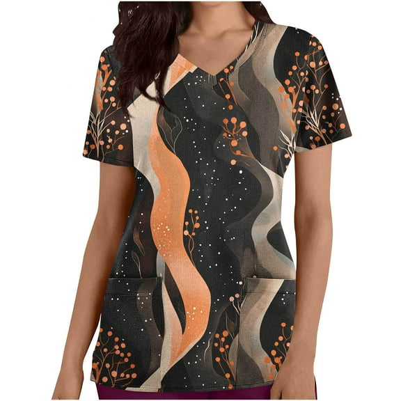 cocolona Scrubs for Women, V Neck Short Sleeve Scrubs Tops Fashion Casual Floral Print Workwear T-shirts Work Uniform with Pockets