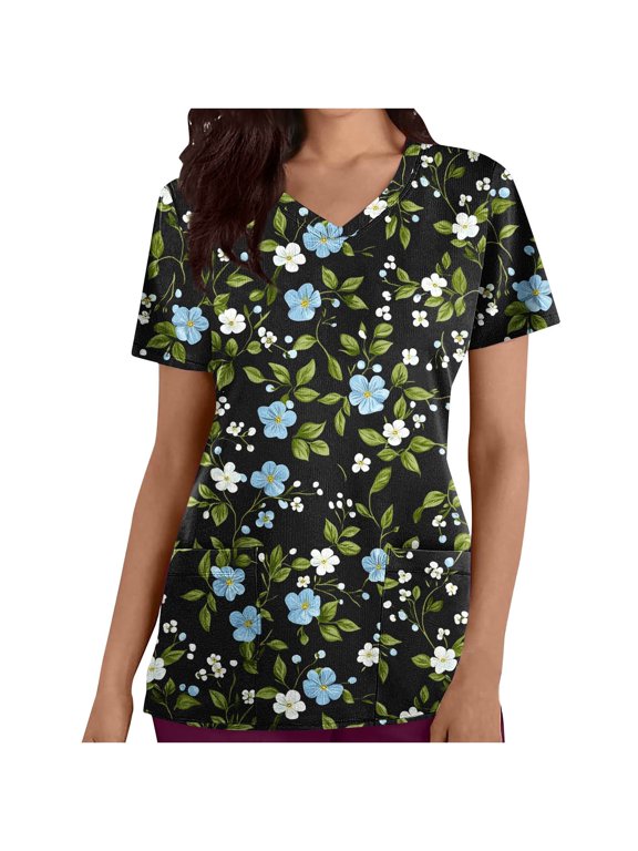 Scrubs for Women, V Neck Short Sleeve Scrubs Tops Fashion Casual Floral Print Workwear T-shirts Work Uniform with Pockets