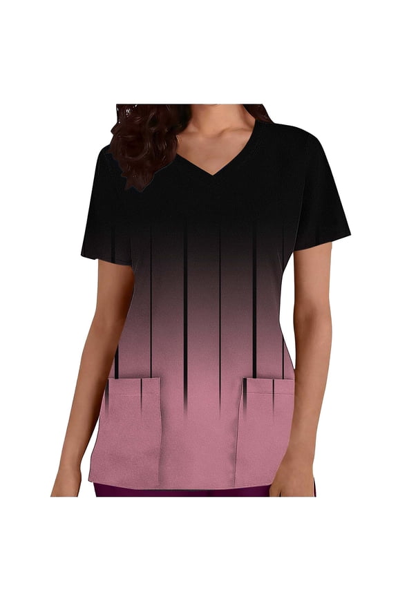 Scrubs for Women, V Neck Short Sleeve Scrubs Tops Fashion Casual Gradient Print Workwear T-shirts Work Uniform with Pockets