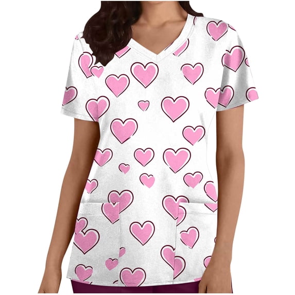 cocolona Scrubs for Women, V-Neck Short Sleeve Scrubs Tops Valentines Day Workwear Uniform T-shirts with Pockets