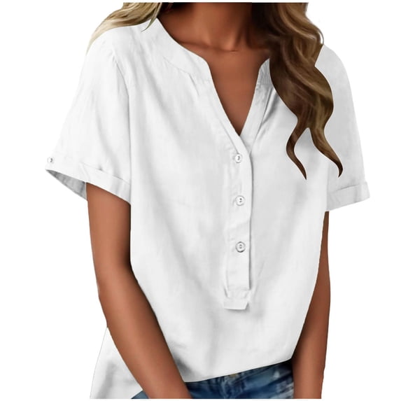 cocolona Short Sleeve Shirts for Women Summer V Neck Button Half-Open Front Tops Casual Loose Lightweight Blouses