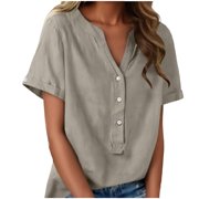 cocolona Short Sleeve Shirts for Women Summer V Neck Button Half-Open Front Tops Casual Loose Lightweight Blouses